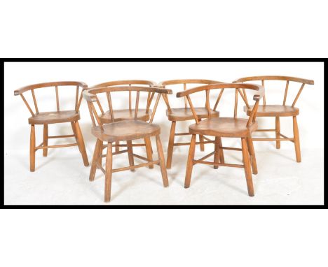 A rare set of six 19th Century Victorian beech and elm Quaker children or child's school chairs raised on tapering legs with 