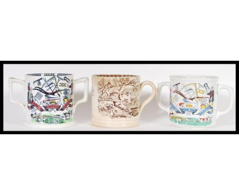 A 19th Century Victorian ' God Speed the Plough ' loving cup having shaped twin handles and a transfer printed design of farm