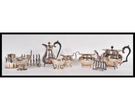 A collection of silver plated items to include a matching tea service consisting of teapot, creamer,sugar bowl, toast rack, t