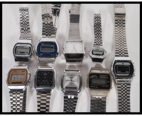 A collection of late 20th Century vintage retro Casio type digital watches on stainless steel bracelets, to include Bradon, H