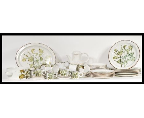 A vintage retro 1970's Stonehenge Midwinter dinner service in the ' Green Leaves ' pattern having a white speckled ground dec
