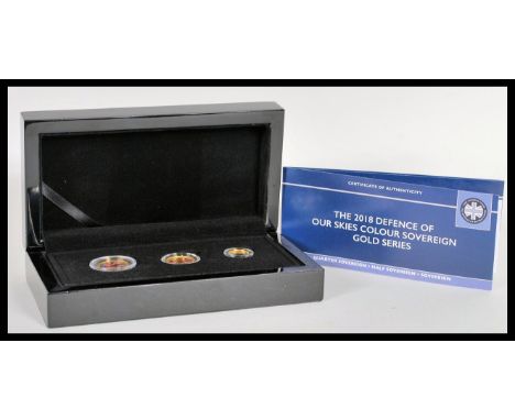 The 2018 Defence Of Our Skies Colour Gold Sovereign Series Three Coin Set - A Hattons Of London three gold coin 2018 limited 