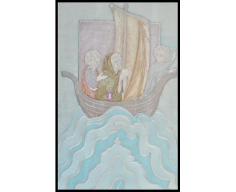 A 20th Century print of an embossing on metal featuring depicting three biblical figures sailing in a small boat. Framed and 