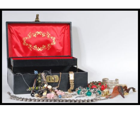 A collection of vintage costume jewellery within a leather jewellery box to include ladies cocktail watches, dress necklaces 