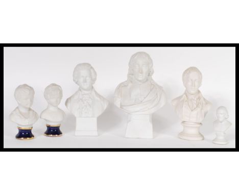 A set of six biscuit porcelain parian ware bisque ceramic busts dating from the 19th Century to include Naples mark pair of y