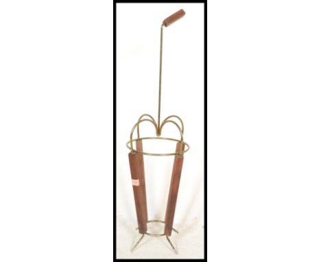 A retro vintage mid 20th Century teak wood and brass stick stand in the form of an umbrella together with a Moroccan patchwor