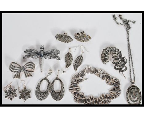 A selection of vintage silver and marcasite jewellery to include a pair of Art deco style drop earrings, a pair of drop earri