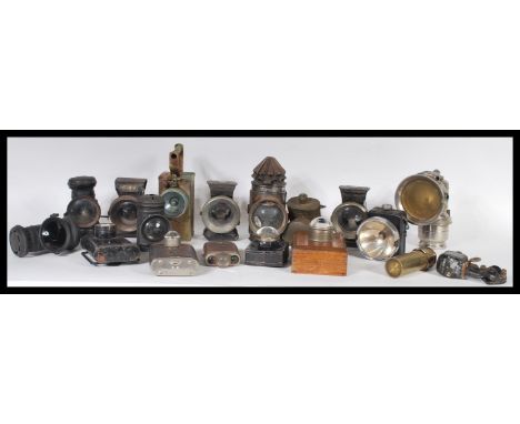 A good collection of vintage bike lamps to include Hiatt &amp; Co, the Orilux, Miller, Joseph Lucas, Demon King, a military b