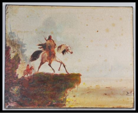 A 20th Century aged print on canvas depicting two native american figures on horse back having some added painted details. Me