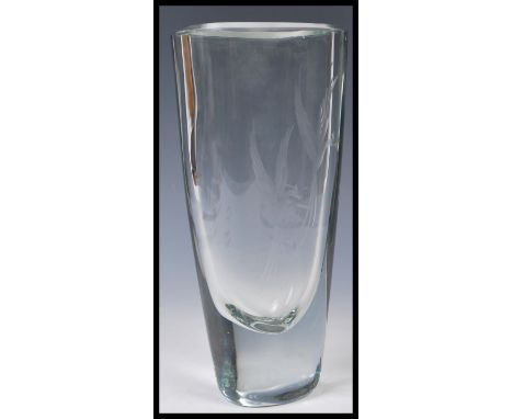 Orrefors - A mid 20th Century studio art clear glass cased vase having etched decoration of birds of paradise in flight. Meas