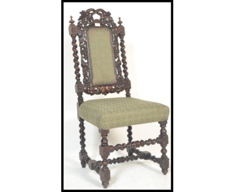 A 19th Century Victorian ebonised Carolean revival barley twist bedroom chair raised on block and twist legs with cushion sea