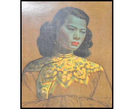 A vintage retro mid 20th century Vladimir Tretchikoff print on board of The Green Lady, also known as Chinese Girl being set 