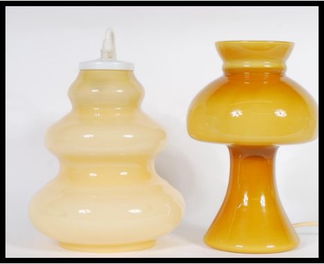 A vintage retro 20th century Riihimaki style mushroom lamp and ceiling light in mustard colour. Lamp 24cm high.&nbsp;