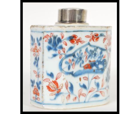 An 18th Century Chinese imari tea caddy of octagonal form with hand painted floral sprays. Complete with later silver white m