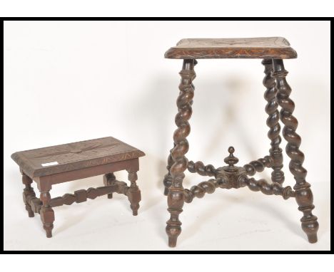 A 19th Century Victorian barleytwist stool united by stretcher with finial centre. Together with a small apprentice piece foo