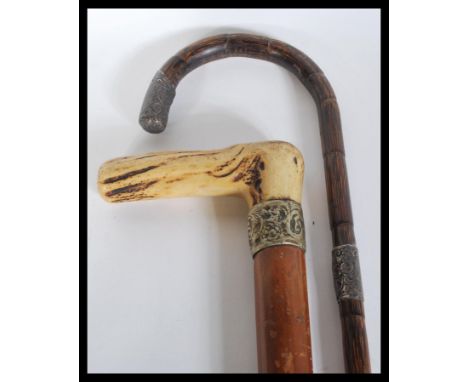 Two 19th Century Victorian walking stick canes to include an example with tapering malacca shaft silver white metal collar an