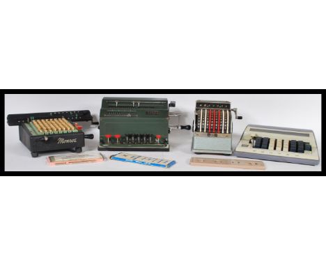 A large collection of vintage adding machines to include: Monroe LX-160 (1950),Facet TK (1948), Contex Model B (1970), Regina
