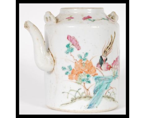 A 19th Century Chinese porcelain teapot having hand painted decoration depicting a cockerell and other birds among foliage. M