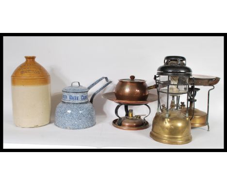 A vintage enamel Quaker Oats 3 piece cooker together with a stone ware flagon marked for WF Larkin of Hounslow and a large co