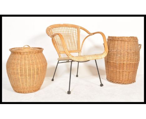 A retro 20th Century cane and whicker satellite chair raised on an ebonised metal frame together with two vintage whicker sna