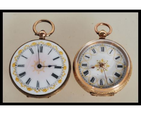 Two early 20th Century fob pocket watches to include a small ladies continental fob watch within a 14ct gold case having a wh