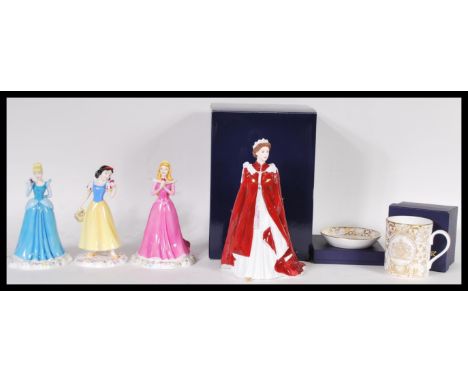 3 boxed Royal Doulton figurines to include Snow White, Cinderella and Sleeping Beauty together with boxed Queen Elizabeth by 