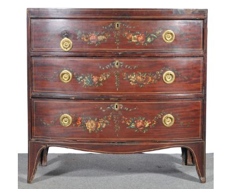 Late 19th century mahogany bowfront chest of drawers, the top painted with oval cartouche of three putti and two oval portrai