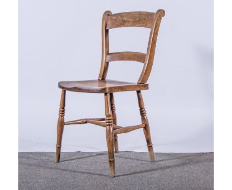 Three beech Windsor kitchen chairs, together with two ladder chairs with rush seats, (5).