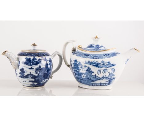 Early 19th century blue and white bullet-shaped teapot, possibly Caughley, and another blue and white boat-shaped teapot in t
