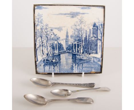 Quantity of silver teaspoons and a silver mounted teapot stand. 