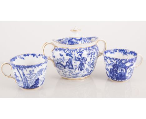 Royal Crown Derby, blue and white tea service Mikado pattern, six cups, saucers, tea plates, mik and sugar, two bread and but