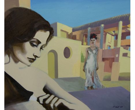 Peter Valentine (Staffordshire), Urban Landscape, oil on canvas, 54cm x 87cm, and two contemporary portrait studies. (3)