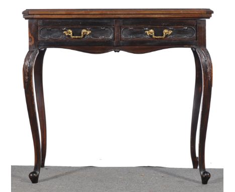 A late Victorian walnut card table, rectangular top with moulded edge, two drawers, carved cabriole legs, 78cm.