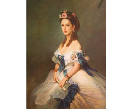 Continental School, modern three quarter length portrait on canvas, portrait of a lady holding a fan. 135cm by 110cm includin