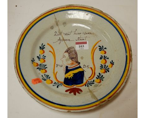 An 18th century Dutch Delftware tin glazed plate (a/f)