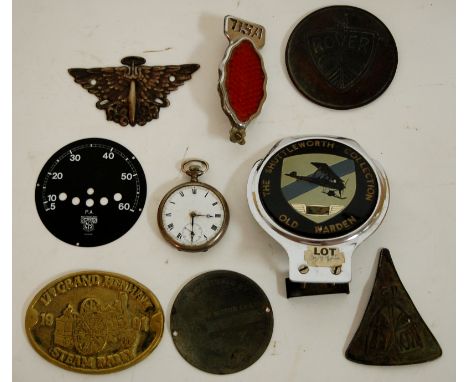 Mixed lot of motoring interest to include the Shuttleworth Collection Old Warden car badge, BSA reflective light etc