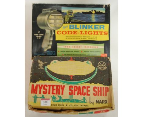 Marx Toys Mystery Spaceship, boxed, together with a twin Navy Blinker Code Light by Playcraft, boxed