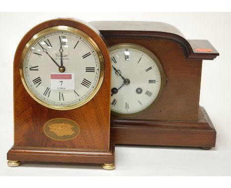 An Edwardian mahogany and chequer strung mantel clock having an enamelled dial with Roman numerals and eight day movement tog