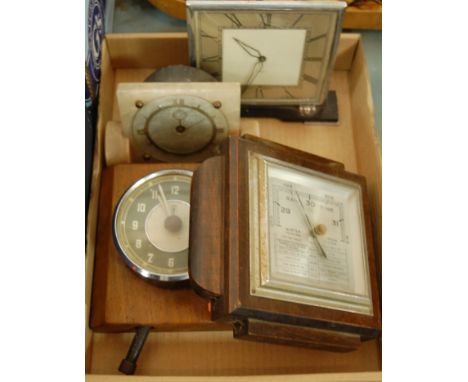 A 1930s oak cased barometer together with two Art Deco mantel clocks and one other (4)