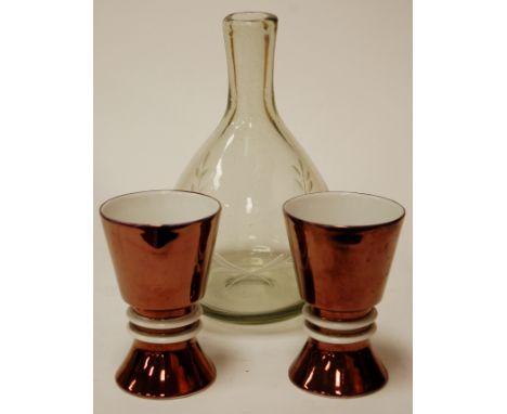 An etched glass bottle vase together with a pair of Royal Worcester porcelain goblets (3)