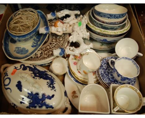 A box of miscellaneous china to include; Victorian blue and white tureens and covers, Royal Crown Derby posies, teacups and s