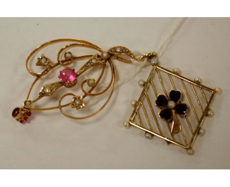 An Edwardian 9ct gold seed pearl and pink sapphire openwork pendant and one other later amethyst and seed pearl set lozenge s