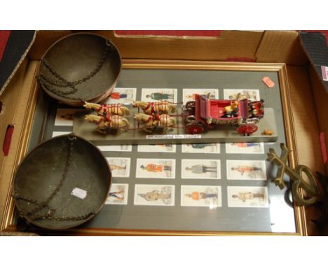 A Corgi model of a Coronation carriage together with framed cigarette cards, pair of scales etc