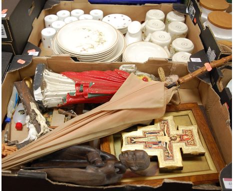 Three boxes of miscellaneous items to include; modern religious icon, part dinner service in the Harvest pattern, glass light