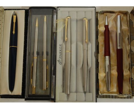 A Conway Stewart fountain pen together with a matching ball pen, boxed, together with various other fountain pens, ball pens 