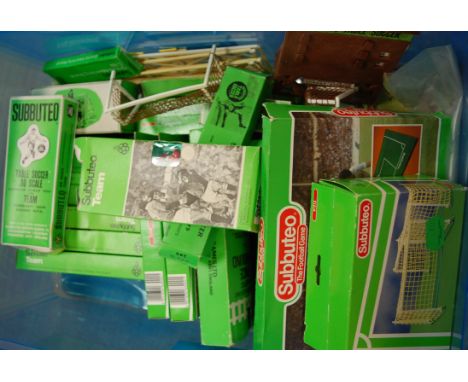 A box of assorted Subbuteo items to include teams, goals etc