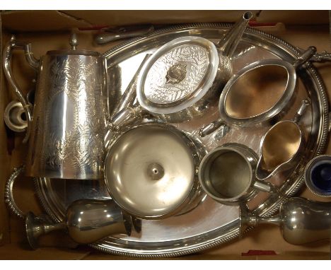 A box of miscellaneous silver plated wares to include four piece tea and coffee service on tray