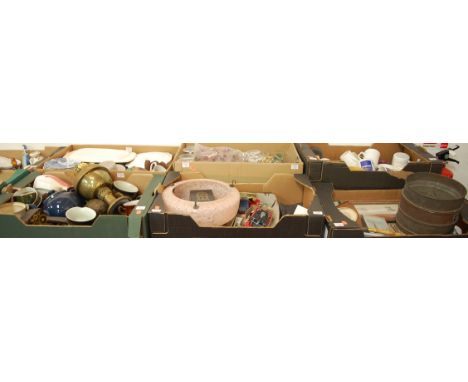 Six boxes of miscellaneous items to include 1930s ceiling light fitting, brass oil lamp base, various mantel clocks etc