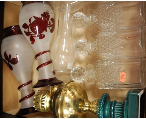 A pair of Peking style glass vases of baluster form; together with three glass decanters and stoppers; brass oil lamp etc 