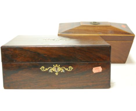 A Regency mahogany tea caddy of sarcophagus form (lacking interior), together with one other similar tea caddy, and rosewood 